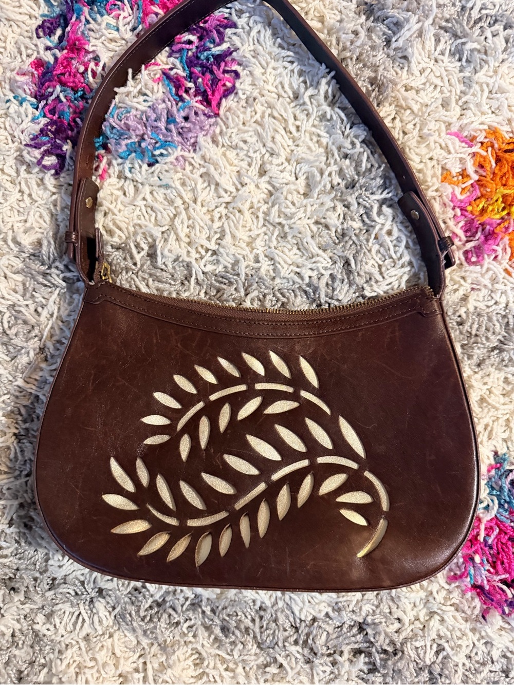 Tommy Bahama 100% Brown Leather Shoulder Bag with Leaf Cutout Detail